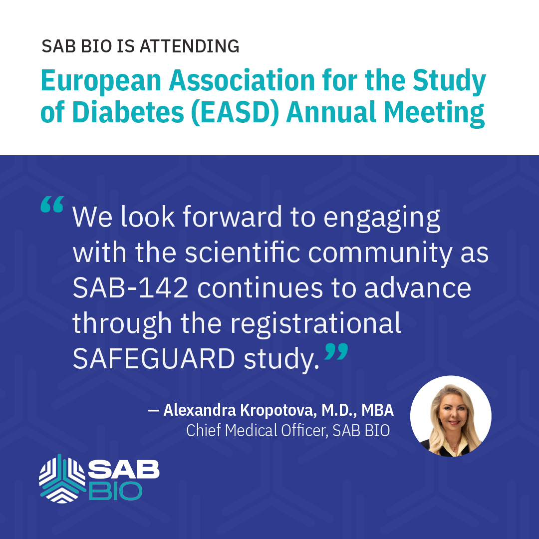 SABBantibody's tweet photo. SAB BIO is in Milan for #EASD2026!

We’re proud to join the global diabetes community to share research from our SAB-142 program and engage in important conversations about the future of type 1 diabetes research.

Today, Chief Medical Officer Alexandra Kropotova, M.D., MBA, will participate in the INNODIA Symposium on Type 1 Diabetes Therapies, followed by additional SAB BIO presentations on September 30 highlighting Phase 1 findings from SAB-142.

We look forward to connecting with researchers, clinicians and others working to advance the science of T1D throughout the week.

#Type1Diabetes #T1D #DiabetesResearch #EASD