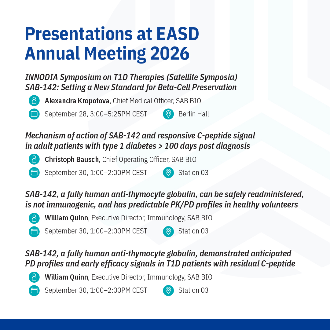 SABBantibody's tweet photo. SAB BIO is in Milan for #EASD2026!

We’re proud to join the global diabetes community to share research from our SAB-142 program and engage in important conversations about the future of type 1 diabetes research.

Today, Chief Medical Officer Alexandra Kropotova, M.D., MBA, will participate in the INNODIA Symposium on Type 1 Diabetes Therapies, followed by additional SAB BIO presentations on September 30 highlighting Phase 1 findings from SAB-142.

We look forward to connecting with researchers, clinicians and others working to advance the science of T1D throughout the week.

#Type1Diabetes #T1D #DiabetesResearch #EASD