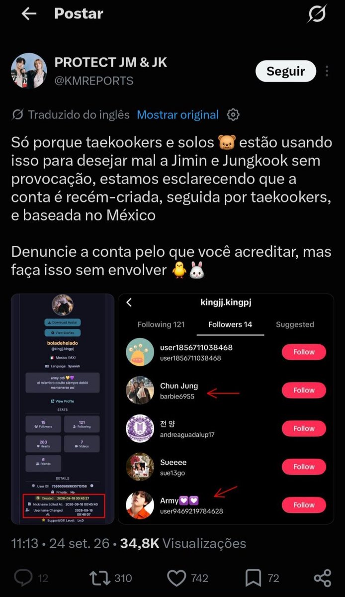 mizzieReportOT7's tweet photo. 🚨⚠️ REPORT & BLOCK ⚠️🚨

A @/KMREPORTS divulgou informações não comprovadas sobre a conta que fez as ameaças contra o 🐻, afirmando que seria um perfil recente, ligado a tkk e criado só para incriminar as jkks.

O problema é que existem prints e registros provando que essa conta já vinha sendo reportada desde 2023 por atacar o 🐻.

Espalhar como se fosse fato que ela foi criada agora pra "armar" contra outros só desvia o foco do que realmente importa e descredibiliza a gravidade das ameaças, que precisam ser levadas a sério.

Uma conta desse tamanho, feita para a proteção de dois dos membros, deveria ter muito mais responsabilidade antes de postar.

Como fanbase de report, sabemos o peso da nossa voz e como influenciamos quem nos segue. Falar ou insinuar que ameaças sérias foram apenas "armação" de briga de shipper reduz a segurança do artista a uma disputa dentro do fandom e passa um pano perigoso para atitudes que deveriam ser combatidas por todos.

Nosso foco precisa ser único e exclusivo: proteger os meninos e exigir segurança. Não dá para usar uma pauta tão grave para alimentar rivalidades que já são enormes dentro do fandom.

🔗 https://t.co/LeQ7GENyRR