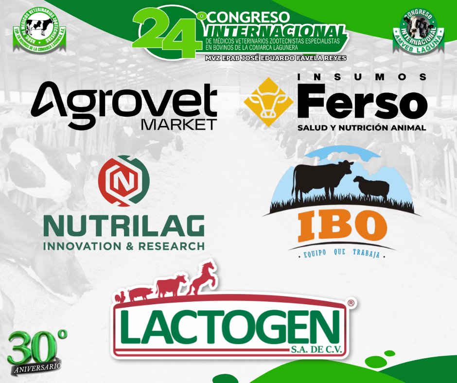 AmvebCL's tweet photo. 💚Hoy reconocemos y agradecemos a #AgrovetMarket, #InsumosFerso, #Nutrilag, #IBO y #Lactogen por el respaldo brindado a nuestra Asociación

Gracias por sumar su confianza a estos 30 años de #AMVEBLaguna y por hacer posible, una nueva edición de nuestro Congreso https://t.co/YelZj5V10D