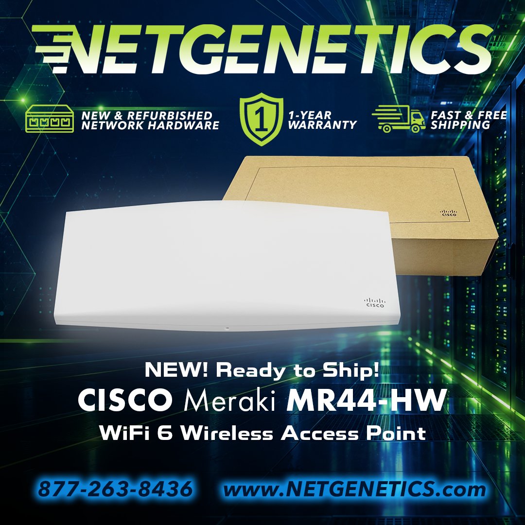 GeneticsNet's tweet photo. 🚨 NEW Cisco Meraki MR44-HW — In Stock!
https://t.co/rjHX8lzwvY

Upgrade your wireless network with the Cisco Meraki MR44-HW, a powerful Wi-Fi 6 (802.11ax) cloud-managed access point built for demanding business environments.

⚡ High-performance Wi-Fi 6
📡 Dual-band wireless connectivity
☁️ Simple Meraki cloud management
🏢 Ideal for offices, schools, retail & enterprise deployments
📦 NEW condition and ready to ship

Looking for MR44-HW access points for your next deployment? Contact Netgenetics today for pricing and availability.

#Cisco #Meraki #MR44 #MR44HW #WiFi6 #WirelessNetworking #AccessPoint #CiscoMeraki #NetworkHardware #EnterpriseNetworking #Netgenetics