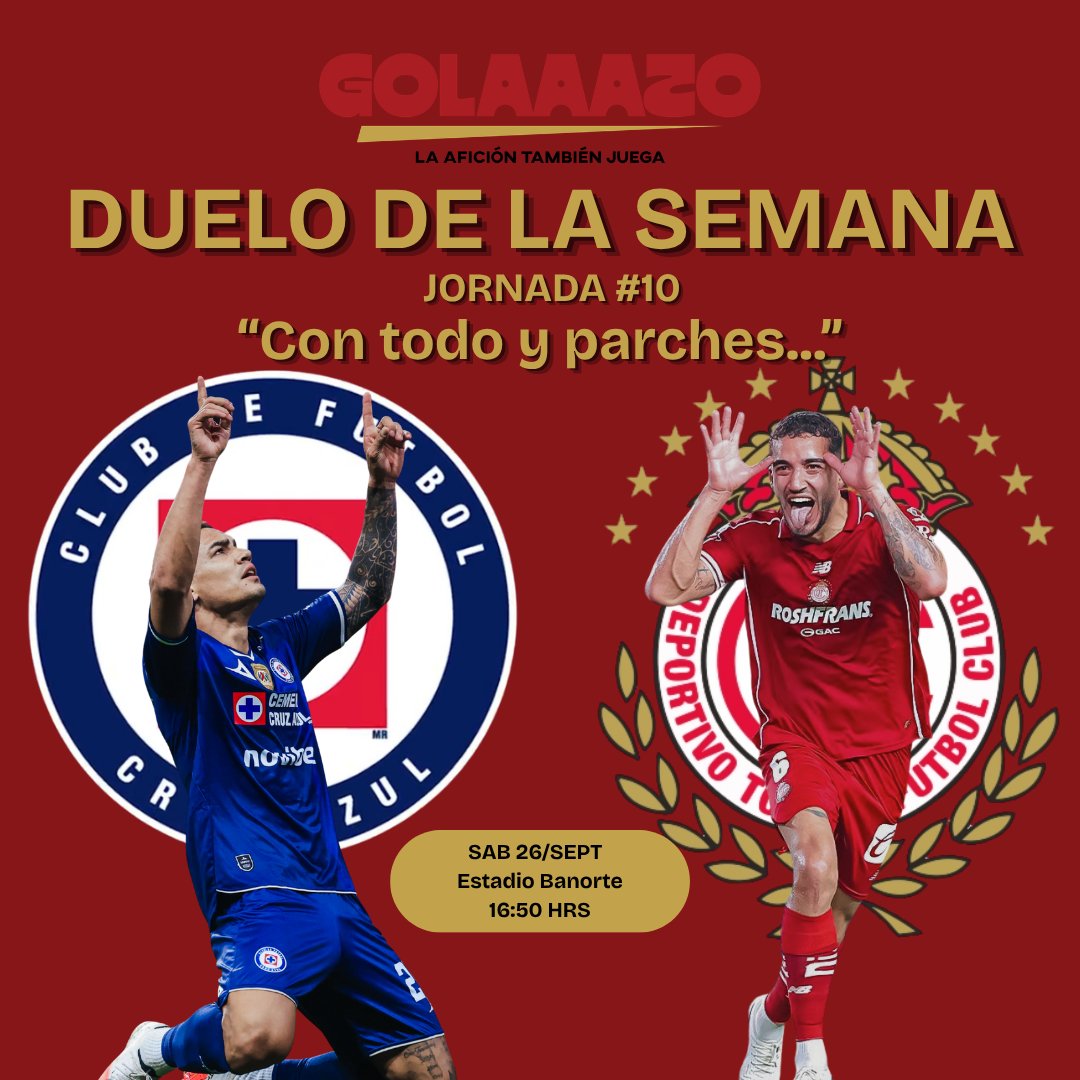 golaaazo_mx's tweet photo. El #DueloDeLaSemana #10 de la @LigaBBVAMX es entre @CruzAzul y @TolucaFC. 

Muchas bajas gracias a la Fecha FIFA pero un duelo entre el actual campeón y el líder siempre es bonito. https://t.co/Ngfay4IQdC