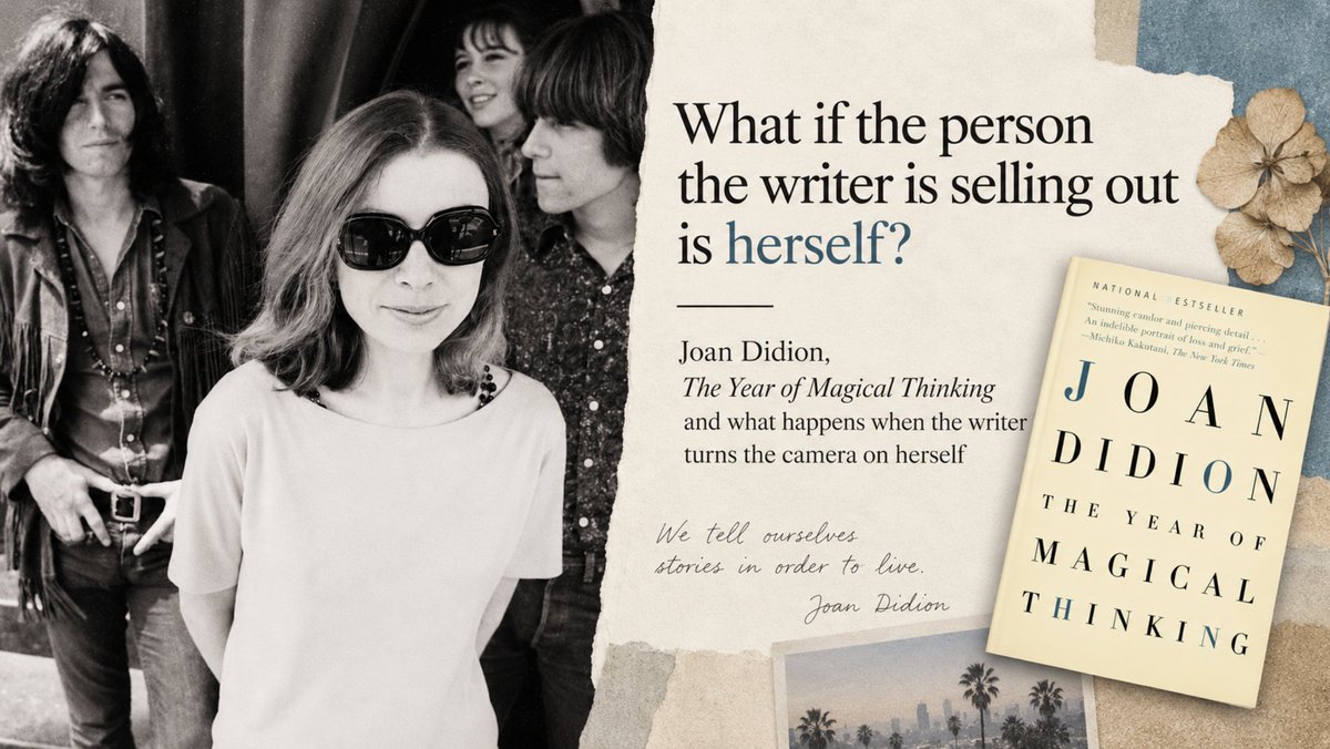 PollyEBecker's tweet photo. Joan Didion takes the chaos of grief and gives it extraordinarily precise sentences.

The experience is messy. The book isn’t.

What happens between those two things?

The writer.

On The Year of Magical Thinking and turning life into literature.https://t.co/vYZ4B3vZkd https://t.co/9EL6XiFWnS