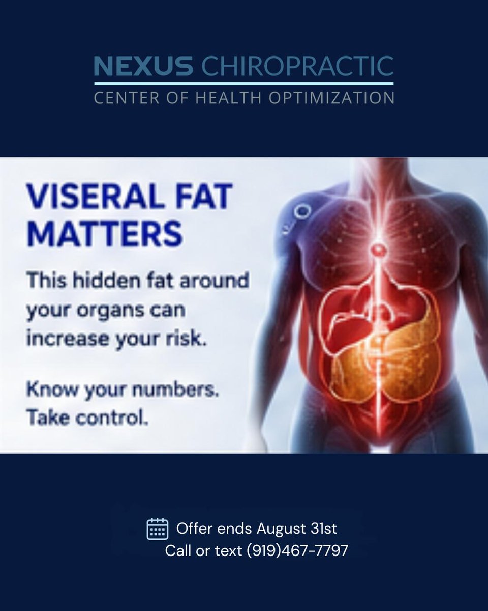 NeilStanfomx35's tweet photo. Not all body fat is the same. Visceral fat surrounds internal organs and may increase metabolic and cardiovascular risks. Discover your body composition with a complimentary Preventive Health Screening. Offer ends August 31. Call or text https://t.co/lz1cjejB1t