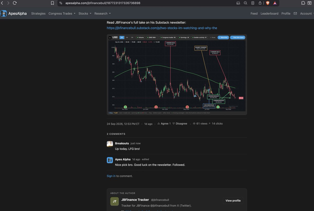 ApesAlphaHQ's tweet photo. @jbfinancebull's $UBER newsletter pick is being tracked on Apes.

+0.3% so far
Entry: $69.40 on Sep 24, 12:53 PM ET 

His Substack newsletter can be found on his Apes profile. 🦍🦍🦍

Follow JB on Apes to see this pick develop —and any future picks by JB —in your feed. https://t.co/g0wYaPUfku