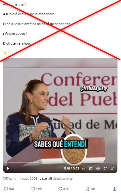 AfpFactual's tweet photo. 🇲🇽 Usuarios en redes difunden un video de la presidenta de México, Claudia Sheinbaum, en el que habla lento porque supuestamente consumió drogas. 

❌ Falso. La secuencia fue ralentizada para dar la impresión de que habla y se mueve aletargada.

➡️ https://t.co/il1ltGihXd https://t.co/a6T5VIpN2D