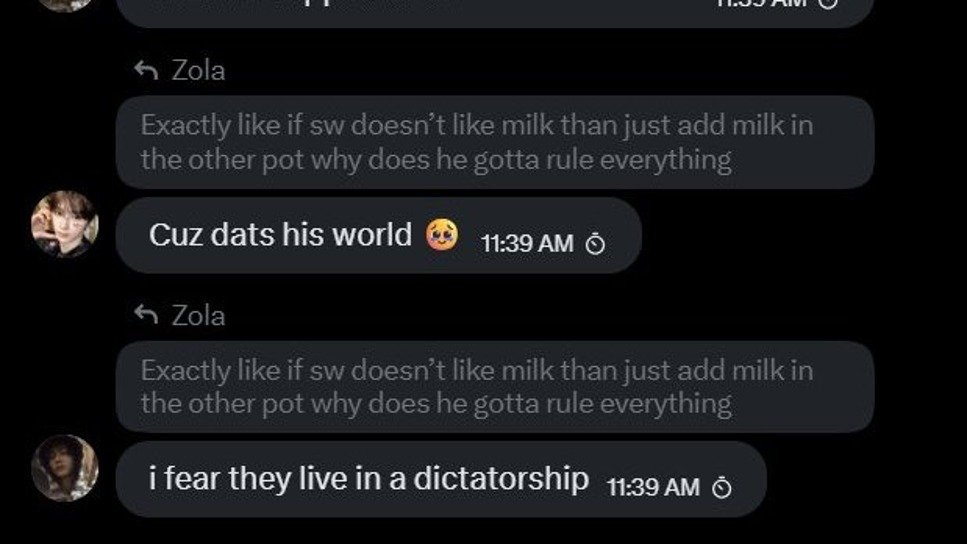 Ranllyz's tweet photo. Here, @haohaohao7777 called RIO “SW’s bootylicker”
 
While @luvhaoism mocks SW saying it’s his world, 
@jiahaoglaze agree with her, saying they live in a dictatorship.

@luvhaoism also said that RIO can’t lead shit. https://t.co/xdMJChkhHi