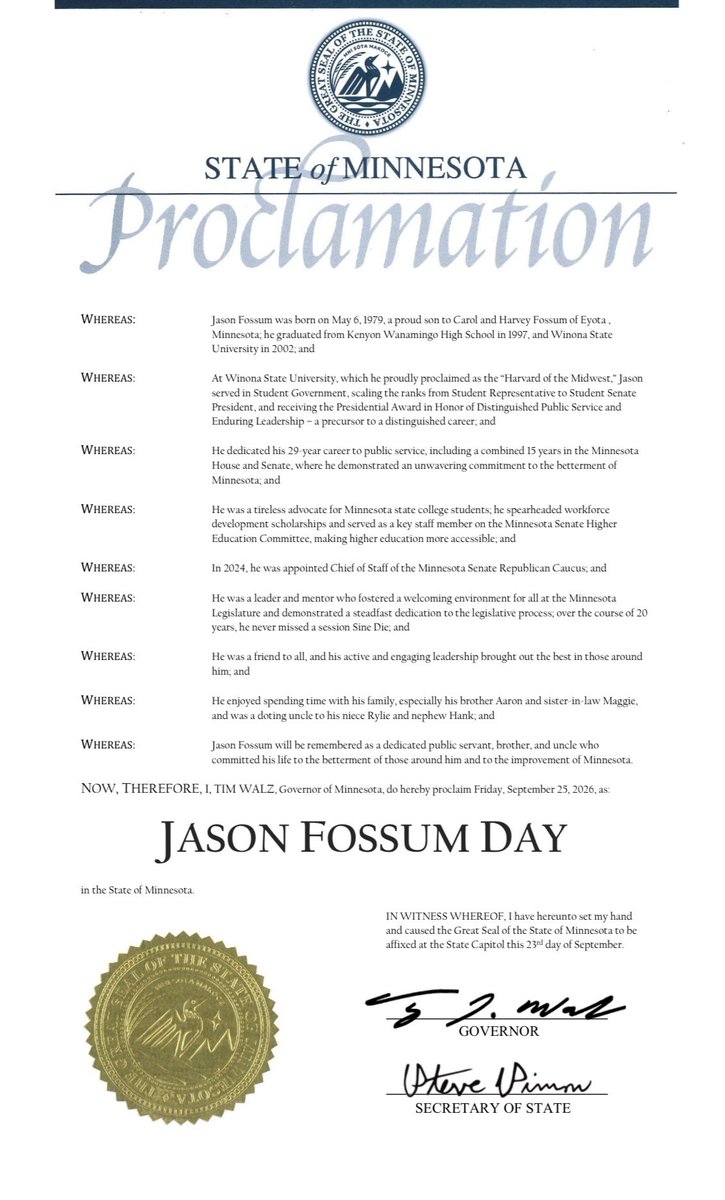 GovTimWalz's tweet photo. We’re honoring Jason Fossum today, Chief of Staff to the Minnesota Senate Republican Caucus.

Jason will be remembered as a dedicated public servant, brother, and uncle who committed his life to the betterment of those around him and to the improvement of Minnesota. https://t.co/l37SvrUe7E