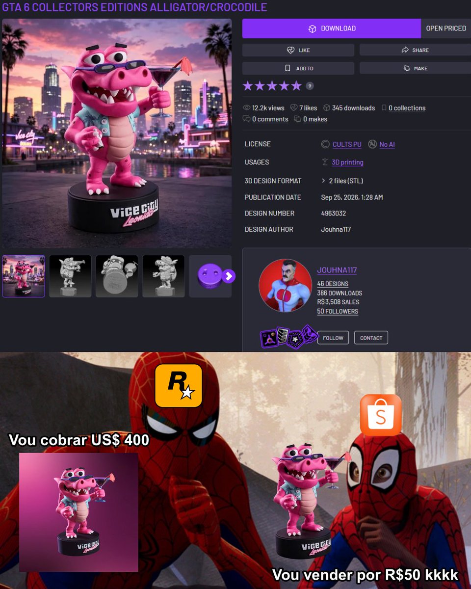academiadgamers's tweet photo. Já recriaram a figura de Macca the Gator, item da caixa de colecionador de GTA 6 de US$ 400, e disponibilizaram o modelo gratuitamente para impressão 3D https://t.co/bBZjM4w4Fl
