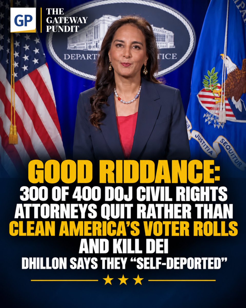 gatewaypundit's tweet photo. The DOJ is reportedly set to see hundreds of civil rights attorneys leave the department, with the Gateway Pundit reporting that 300–400 attorneys are expected to depart. The move marks a major shake-up within the DOJ’s civil rights division.

Read the rest of the story, link in the comment.