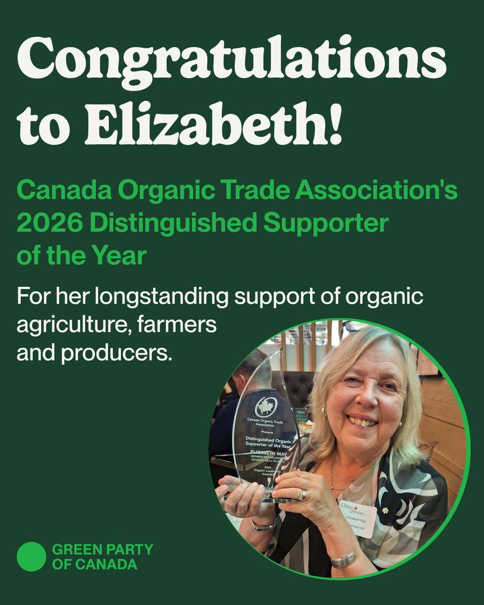 CanadianGreens's tweet photo. Congratulations to @ElizabethMay on receiving the Canada Organic Trade Association’s Distinguished Supporter of the Year Award, recognizing her longstanding support for organic agriculture, farmers and producers. https://t.co/LlzKjUm32t
