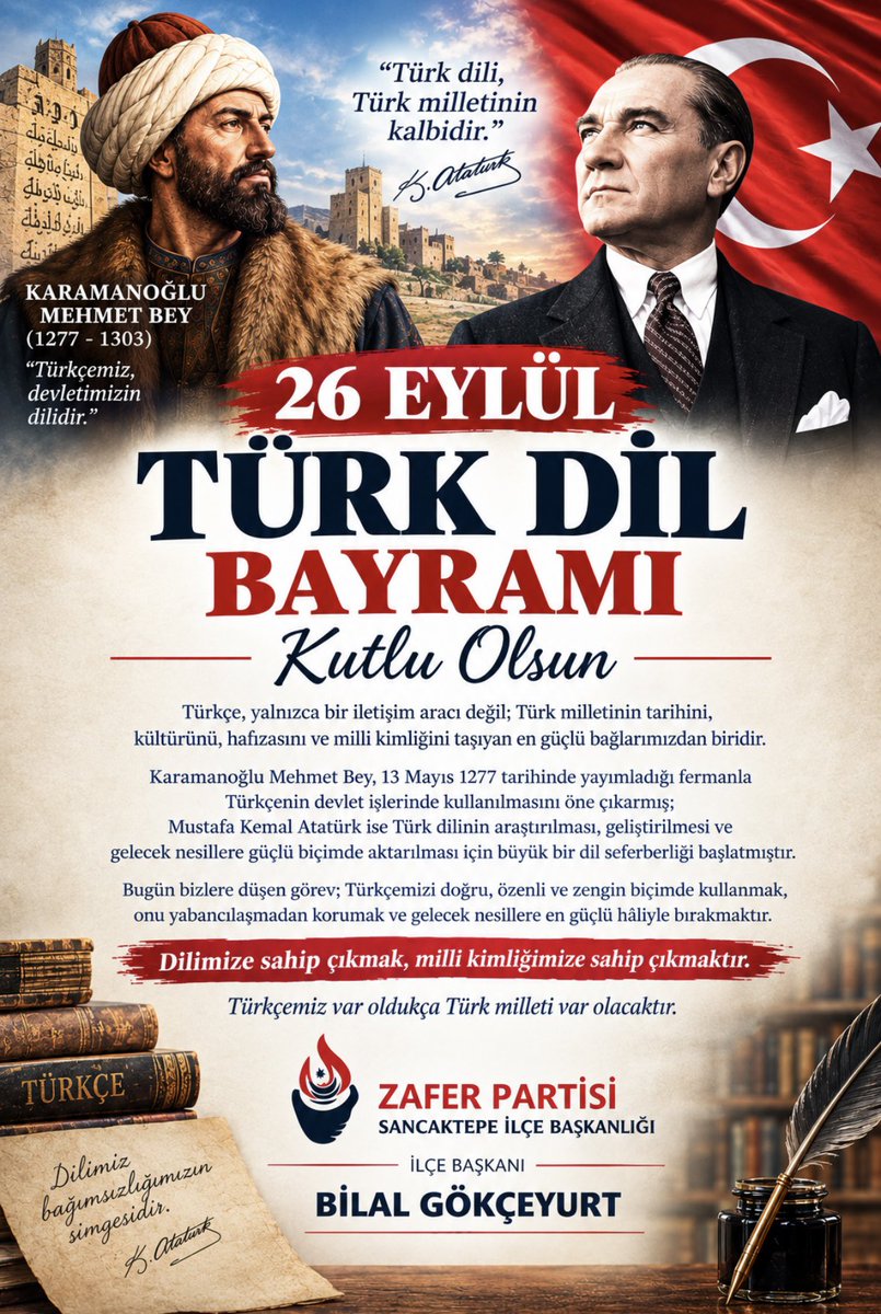 zpsancaktepe's tweet photo. 26 Eylül Türk Dil Bayramı kutlu olsun.
@umitozdag 
@zaferpartisi 
@HakanAksit34 
@ZaferPartisi_34
#26EylülTürkDilBayramı https://t.co/WfthUPhWcm