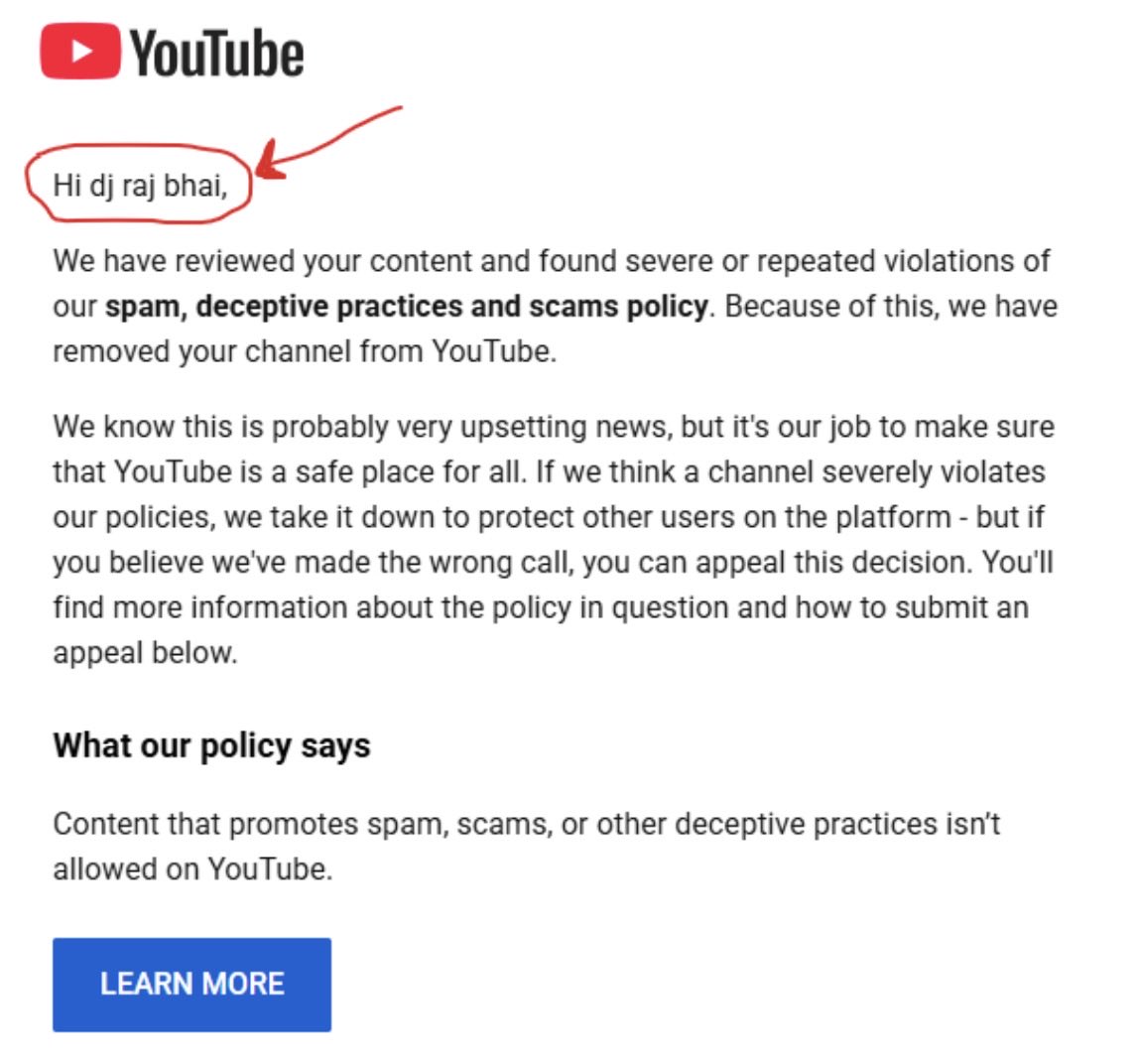 zakoyNFTART's tweet photo. @TeamYouTube Please help. My YouTube channel just got terminated for spam, but I never did anything like that. The email wasn't even addressed to me: it said "dj raj bhai", a name I've never heard of. I think someone accessed my account. https://t.co/dxHkXD8M7c https://t.co/sWRsQhdTMS