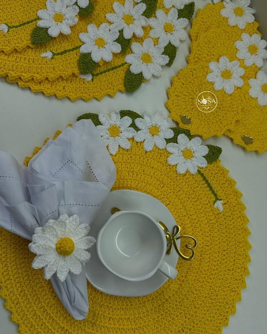 GrahamEiseck's tweet photo. Where art meets the dining table: discover Nosa Crochet’s handmade daisy collection, featuring 3D floral appliqués, crochet leaves, and premium mercerized cotton in radiant sunshine yellow. Daily dining or high tea? https://t.co/6LrupR1RGC