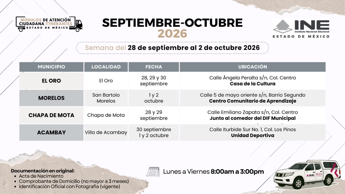 Inejd01's tweet photo. 📢 ¡Atención, ciudadanía mexiquense!

Conoce las fechas y horarios donde estarán los Módulos de Atención Ciudadana Itinerantes del @INEedomex 🚚

🗓️ Semana del 28 de septiembre al 2 de octubre de 2026. https://t.co/oyyhZmNACT