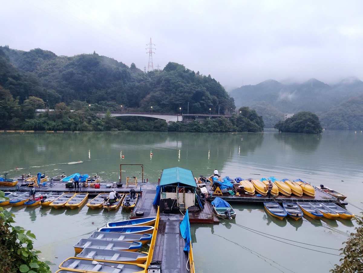 OGAWATEI_boat's tweet photo. 9/26(土) おはようございます☁️

午前６時の相模湖
水位　満水△30cm
水質     濁ってます
水温     20.3℃
曇天☁️　日中は雨の予報
最高気温21℃   風速1m🍃

皆さま、良い週末を❗
#相模湖 #小川亭 #ブラックバス 
本日の日の出 ∶午前5時31分　
桟橋付近はコバス🎣ニゴイ🎣
　今朝もガイドさん！
　１日楽しんでください🚣

⭕️「ローイング大会」開催中
　今日も湖の横断が制限されます⚠️
