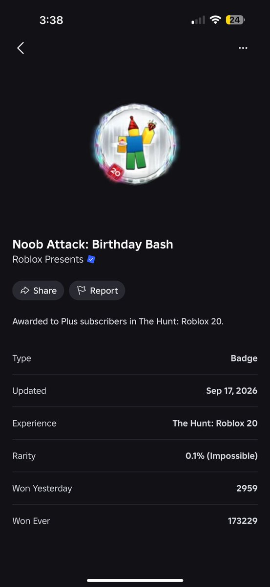 thetotalbruh's tweet photo. @Roblox This birthday bash noob badge doesn’t work can yall fix it? https://t.co/IW7zTeWeia