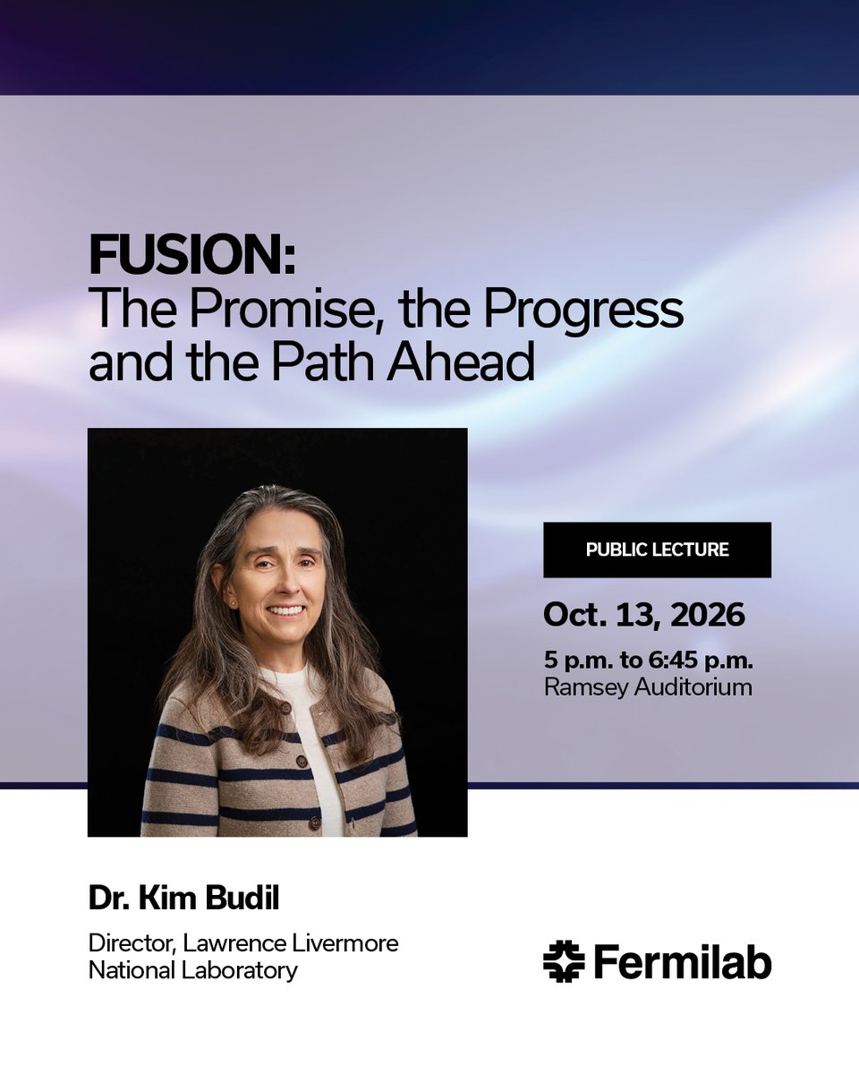 FermilabEd's tweet photo. What will it take to turn fusion from a scientific breakthrough into a practical source of energy? Join us on Oct 13th to learn more about the future of fusion from Dr. Kim Budil, Director of Lawrence Livermore National Laboratory. Registration here: https://t.co/OYWALtIDt0 https://t.co/3XjVf93T0L