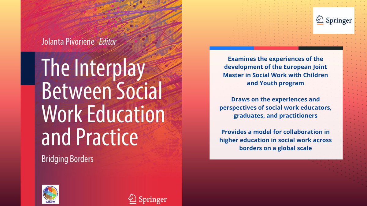 SpringerSW's tweet photo. NEW! The Interplay Between Social Work Education &amp; Practice examines how innovative pedagogical approaches, research integration, and practice-based learning prepare social work professionals for service to society on national &amp; international levels @EASSW https://t.co/QgIvbUc0Wa https://t.co/loLaneSkd4