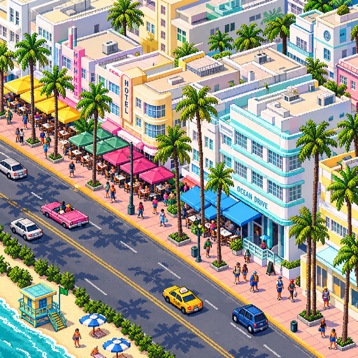 sickbitsio's tweet photo. Ocean Drive, Miami — palm trees, pastels, and a pink convertible, pixel by pixel 🌴🩷

#pixelart #Miami #OceanDrive #8bitart https://t.co/tCl7EvlZu7