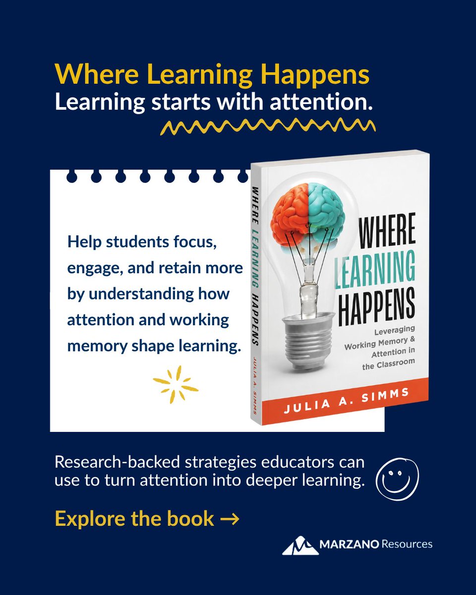 MarzanoResource's tweet photo. Before students can remember it, they have to attend to it. 🧠
Understanding attention and working memory can help teachers design learning that is clearer, more focused, and more memorable.
#ScienceOfLearning #TeachingStrategies #Educators https://t.co/zMb6gZghze