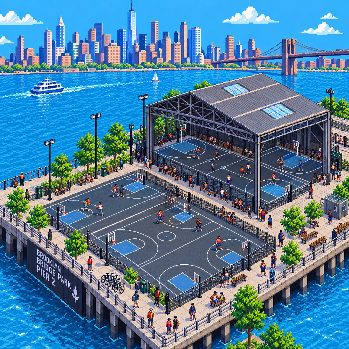 sickbitsio's tweet photo. Pier 2, Brooklyn Bridge Park — courts, skyline, and the bridge, pixel by pixel 🏀🌉

#pixelart #Brooklyn #NYC #8bitart https://t.co/crD1AUtHrH