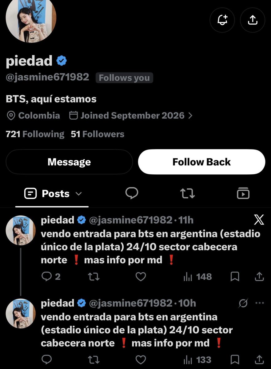 minstradamus39's tweet photo. OJO con este perfil. Creado en septiembre de este año. Dice que vende boletas en Colombia, Argentina y Brasil ❌❌❌ https://t.co/AKQI1zTPSA