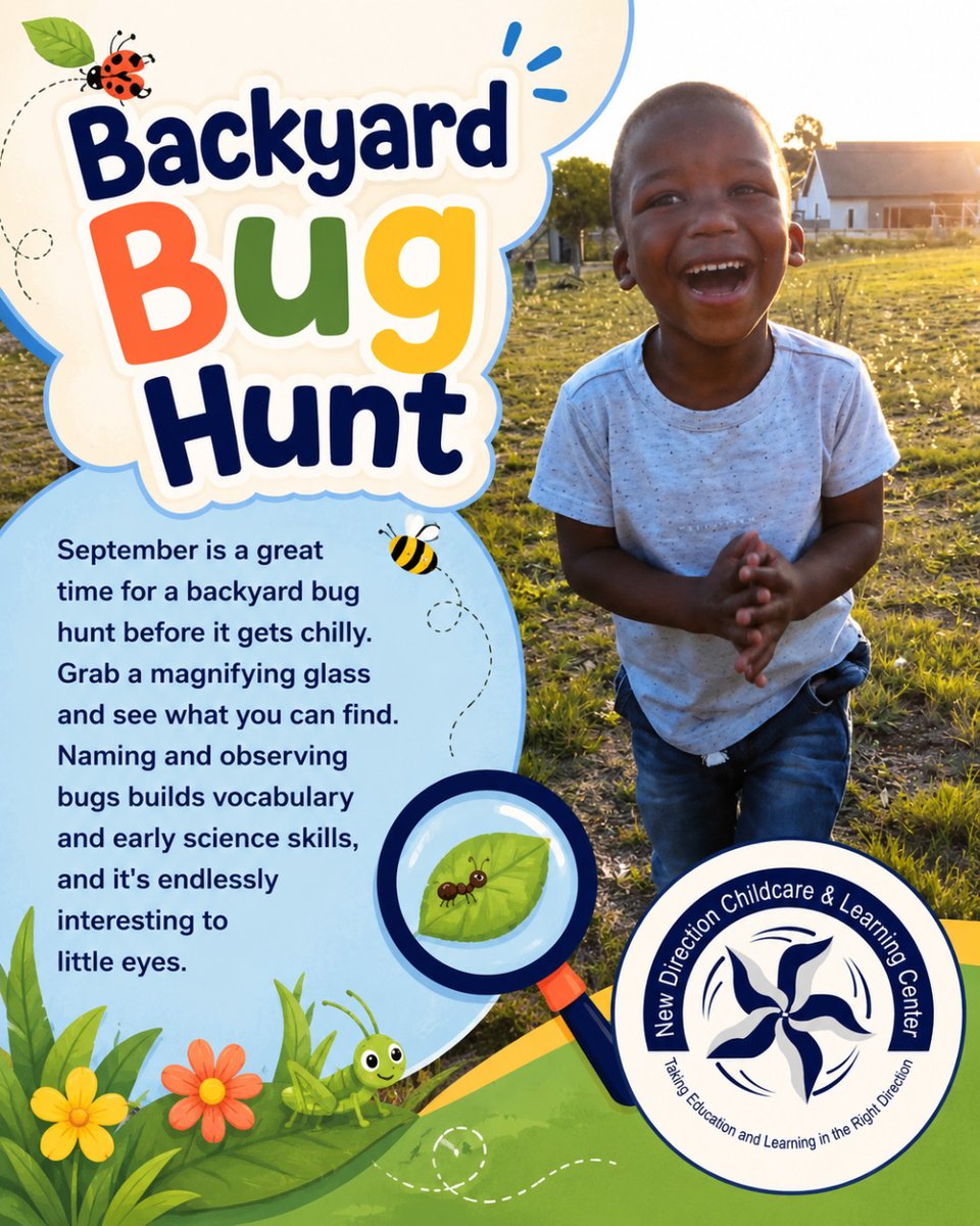 ChildcareNew's tweet photo. 🐞 Grab a magnifying glass and head outside! A backyard bug hunt builds vocabulary, observation and early science skills while kids have fun. 🔍🌿 #NDC https://t.co/XkvgzN8UrP