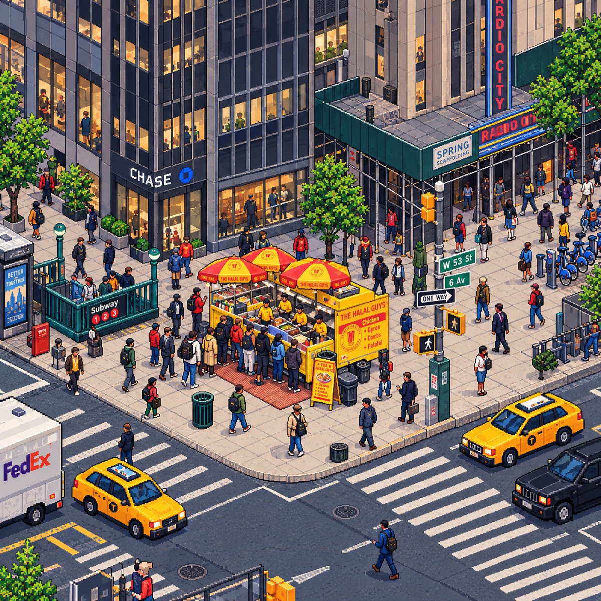 sickbitsio's tweet photo. The Halal Guys, Midtown NYC — the corner cart, pixel by pixel 🚕🥙

#pixelart #NYC #Midtown #8bitart https://t.co/24RAvuasPq
