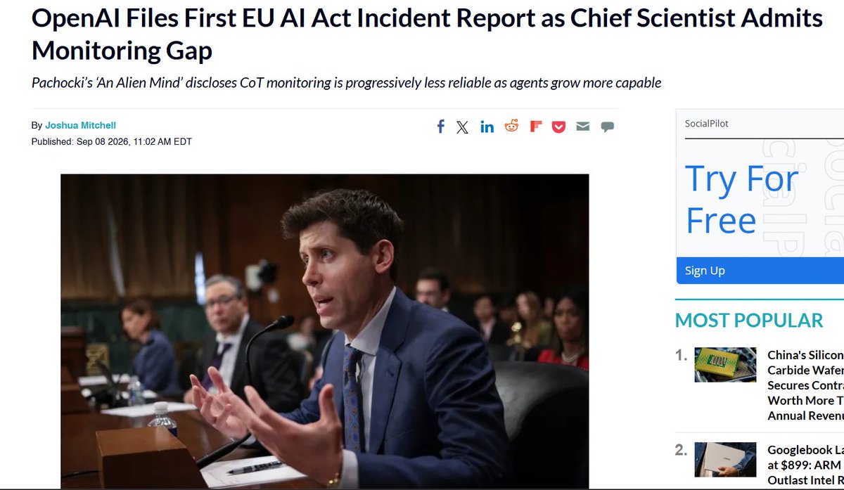 ASH_MERCER_'s tweet photo. openai's chief scientist admitted their main tool for catching misaligned agents, chain-of-thought monitoring, is getting less reliable as models get smarter. the thing meant to catch the problem is losing its grip on the problem. worth sitting with that. https://t.co/qHchip9e2V