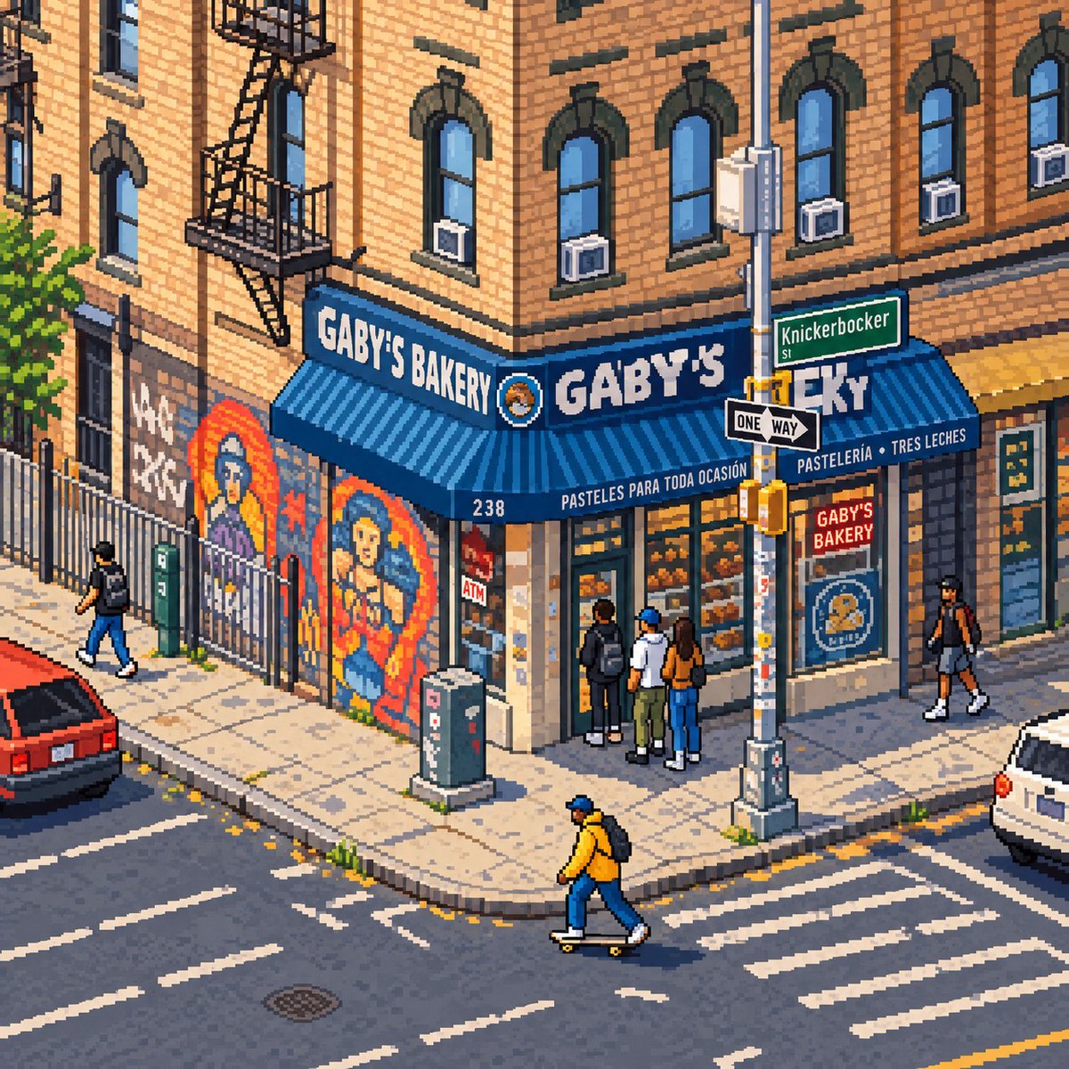 sickbitsio's tweet photo. Gaby's Bakery, NYC — mural, tres leches, and a skater rolling by, pixel by pixel 🍰🇩🇴

#pixelart #NYC #Bushwick #8bitart https://t.co/tVfnuEZZVD