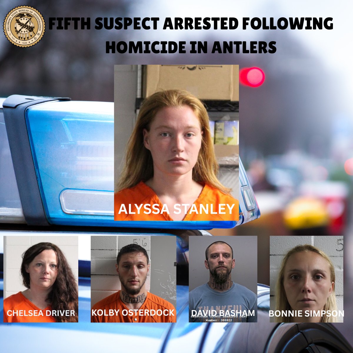 OSBI_OK's tweet photo. FIFTH SUSPECT ARRESTED FOLLOWING HOMICIDE IN ANTLERS
#OSBI #OneTeamOneMission https://t.co/2FWJclB85D