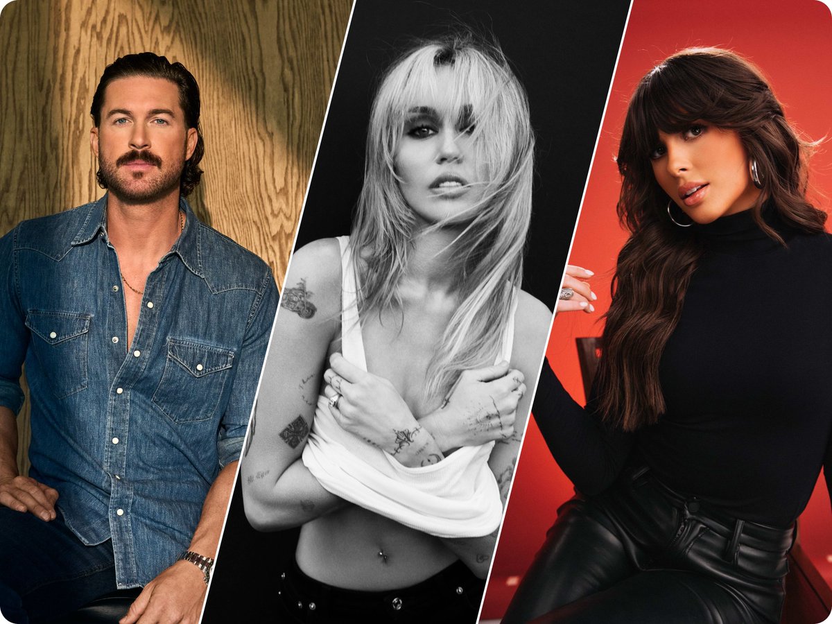 HITSDD's tweet photo. CHART UPDATE: #1 on today's HITS Top 50 is too close to call. The race is between Riley Green's That's Just Me, Miley's Bass Persuades, and Ella Langley's Dandelion.  Less than 500 units currently separates the Top 3. 
We are holding today's chart until we have more complete info.