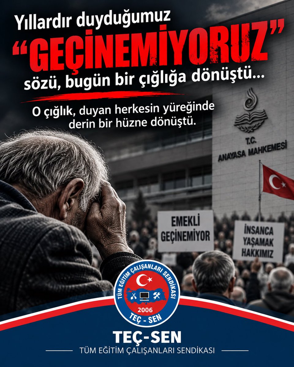 tecsen's tweet photo. Bugün Ankara’da, Anayasa Mahkemesi önünde yaşanan acı olay hepimizi derinden sarstı.

Yıllardır emeklilerimizden duyduğumuz “Geçinemiyoruz” sözü, bugün bir çığlığa; o çığlık da duyan, gören ve insanlık duygusu taşıyan herkesin yüreğinde derin bir hüzne dönüştü.

Yıllarca devletine ve milletine hizmet etmiş emekli bir polis memurunun, yaşadığı ekonomik sıkıntıları anlatıp “Geçinemiyorum” dedikten sonra yaşamına son vermesi, hepimizi durup düşünmeye mecbur bırakan çok ağır bir acıdır.

Bugün artık sadece maaşları, zam oranlarını, rakamları konuşmuyoruz.

Bir insanın geçinemediği için düştüğü çaresizliği konuşuyoruz.

Kirasını nasıl ödeyeceğini düşünen, mutfak masrafından kısmak zorunda kalan, faturasını ödedikten sonra cebinde ne kalacağını hesaplayan; yıllarca çalışmış, üretmiş, devletine hizmet etmiş milyonlarca emeklimizin yaşadığı hayatı konuşuyoruz.

Bu acıyı siyasi bir tartışmanın konusu yapmak istemiyoruz.

Ama bu acının içinden yükselen “Geçinemiyorum” sözünü de artık görmezden gelemeyiz.

Çünkü bugün duyduğumuz o söz, yalnızca bir kişinin değil; geçim sıkıntısı yaşayan milyonlarca emeklinin yıllardır dile getirdiği ortak feryattır.

Emeklilik yoksulluk olmamalıdır.
Emeklilik çaresizlik olmamalıdır.
Yıllarca verilen emeğin karşılığı, “Geçinemiyorum” diye haykırmak olmamalıdır.

TEÇ-SEN olarak yıllardır dile getirdiğimiz çağrımızı bugün büyük bir hüzünle bir kez daha yineliyoruz:

Kamu çalışanlarına verilen seyyanen artış emeklilerimize de yansıtılmalı; çalışanla emekli arasındaki gelir uçurumu giderilmeli, emeklilerimizin insan onuruna yakışır bir yaşam sürdürebilecekleri ekonomik şartlar sağlanmalıdır.

Bugün geriye hepimizin vicdanında yankılanan bir cümle kaldı:

“Geçinemiyorum…”

Bu sesi duymak, anlamak ve gereğini yapmak zorundayız.

Hayatını kaybeden emekli polis memurumuza Allah’tan rahmet; ailesine, yakınlarına ve emniyet camiasına başsağlığı ve sabır diliyoruz.

TEÇ-SEN
Tüm Eğitim Çalışanları Sendikası