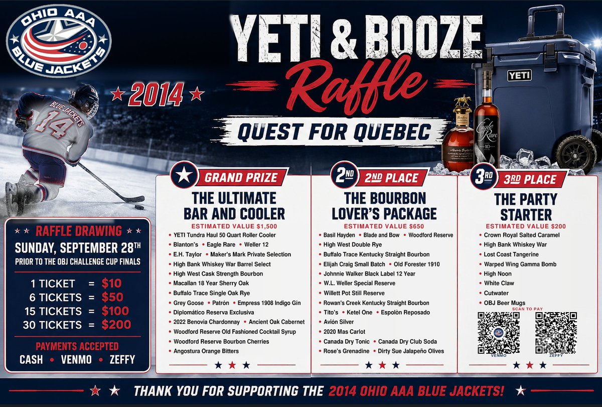 AAABlueJackets's tweet photo. Thank you to @Roosters and @CapCityEliteHKY for supporting our 12U team's journey to @tournoipeewee! 

The team is also hosting a pair of raffles and a silent auction Chiller North this weekend for the OBJ Challenge Cup!

Learn more here: https://t.co/JvOelrbbi6 https://t.co/ExenPxEzMD