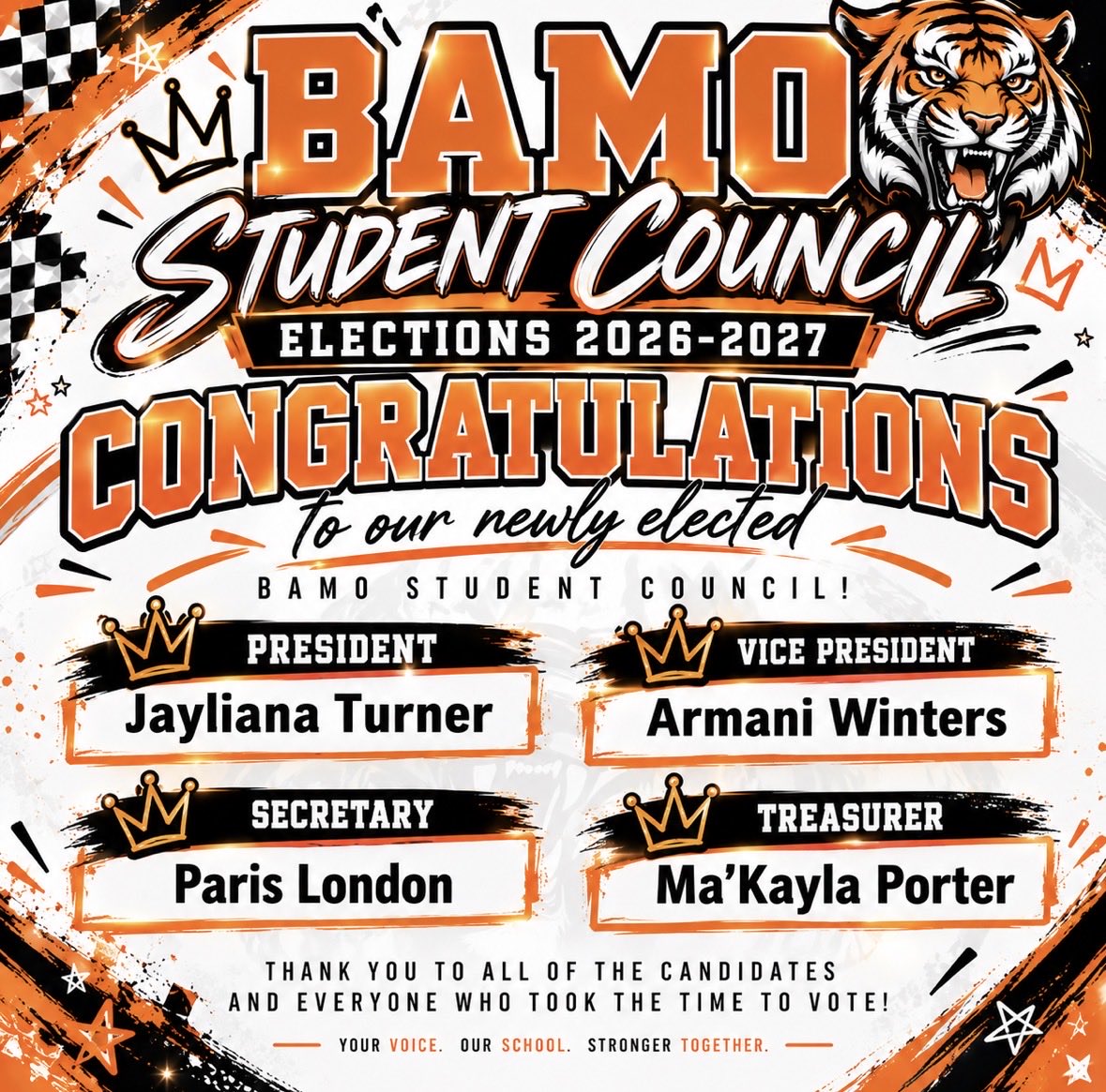 BAMOngc's tweet photo. Please join us in congratulating our newly elected 2026–2027 BAMO Student Council Officers!
We’re excited to see these student leaders step up, serve, and make their voices count!
Your Voice. Our School. Stronger Together. 🐯🧡
#BAMO #StudentCouncil
@LancasterISD @akperera https://t.co/6kewKpzRa9