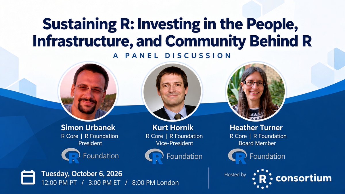 RConsortium's tweet photo. "Sustaining R: Investing in the People, Infrastructure, and Community Behind R"

Register now! Oct 6!

R Core / R Foundation panel hosted by R Consortium with Simon Urbanek, Kurt Hornik &amp; Heather Turner

https://t.co/0yWEsOlQ0X

#RStats #OpenSource https://t.co/p4wxrra3M5