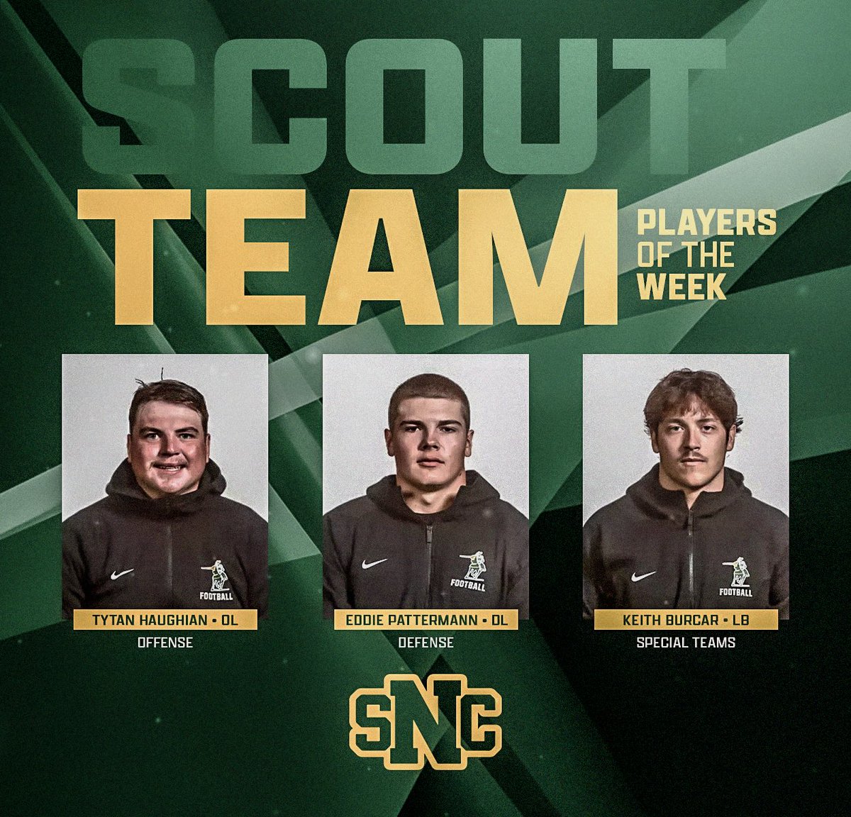 SNCfootball's tweet photo. SCOUT TEAM PLAYERS OF THE WEEK VS EUREKA

Offense: OL - Tytan Haughian 
Defense: DL - Eddie Pattermann
ST: LB - Keith Burcar

🟢⚔️🟡
#GoGreenKnights l #GKC https://t.co/7m3xPBMGiU
