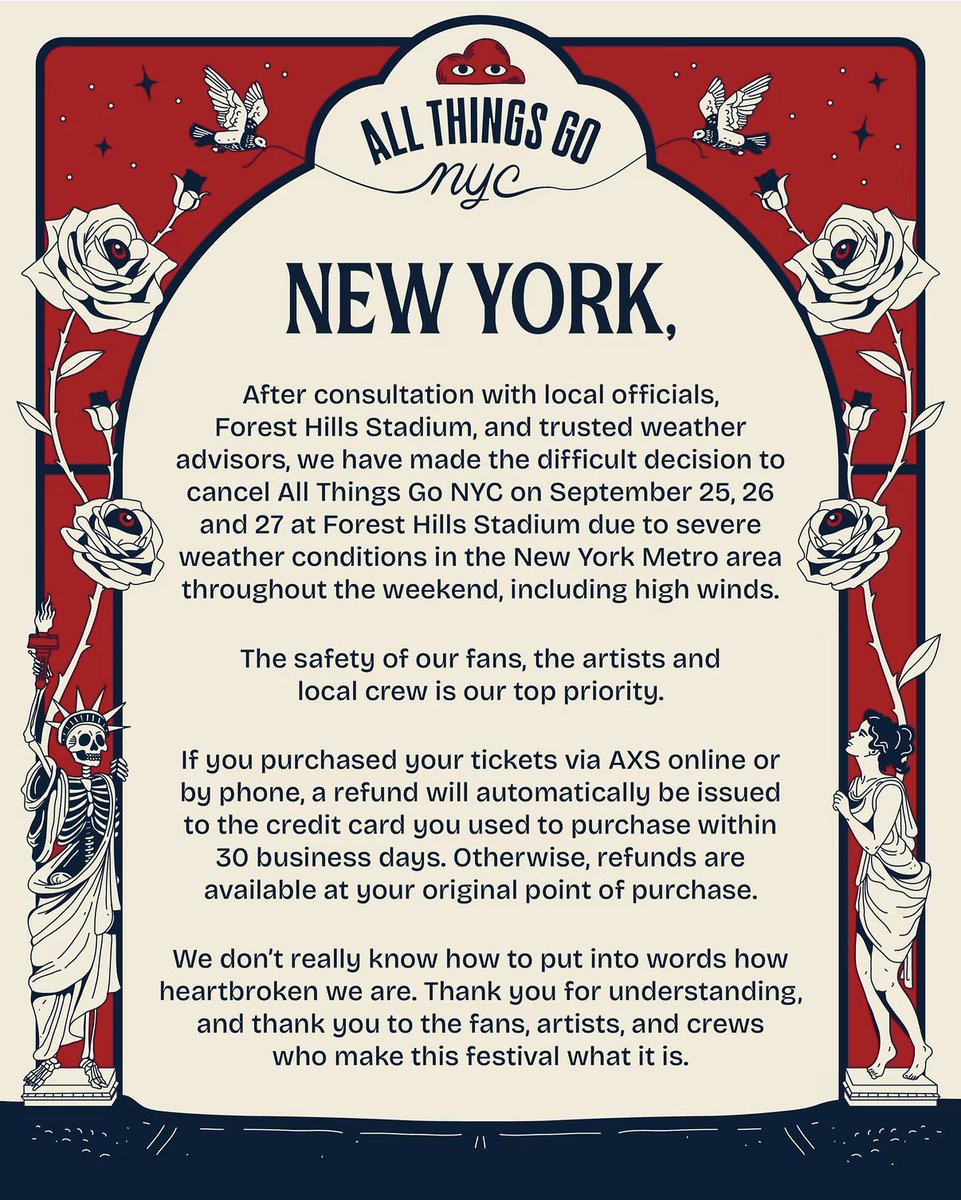 BSidesTV's tweet photo. Just announced: All Things Go NYC has been canceled this weekend (Sept. 25–27) due to severe weather and high winds. 💔💔 https://t.co/zG7GJAG5LM