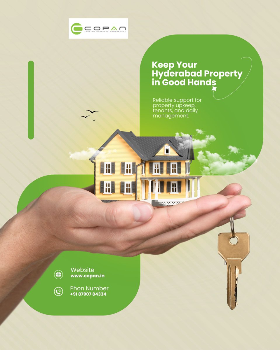 copan_property's tweet photo. Your property deserves reliable care.
From property upkeep and tenant support to everyday management, COPAN Trusted Property Management helps keep your Hyderabad property in good hands.

https://t.co/T2DUpHtVyB
+91 87907 84334

#PropertyManagement #Hyderabad #RealEstate https://t.co/yZePHyf9Wt