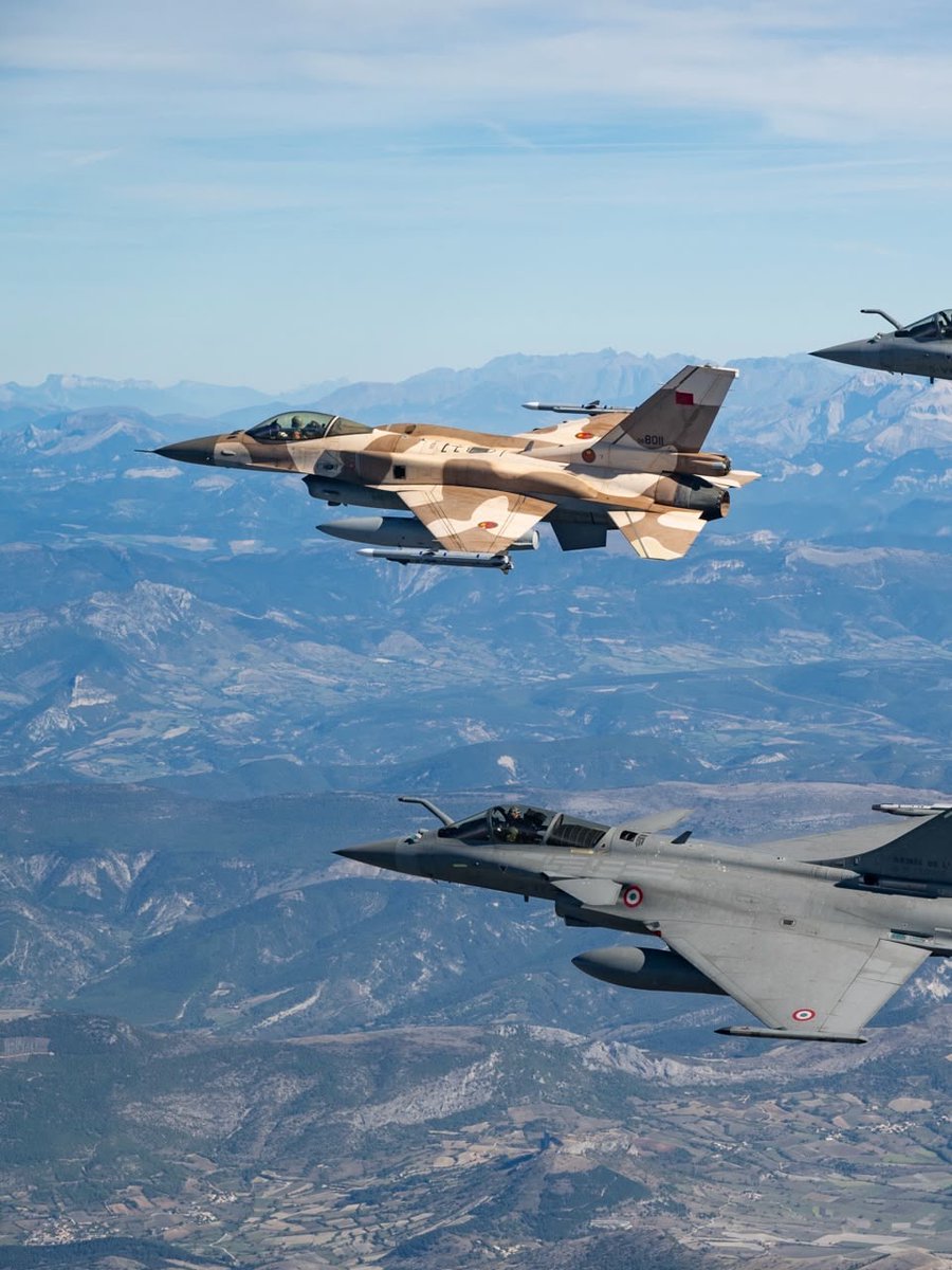 anass004e's tweet photo. Stunning shots of Moroccan F-16s flying alongside French Rafales during ORYX26 exercises in France  a powerful display of airpower, interoperability, and the growing defense cooperation between Morocco 🇲🇦 and France 🇫🇷. ✈️🔥 https://t.co/TEIgg44gvZ