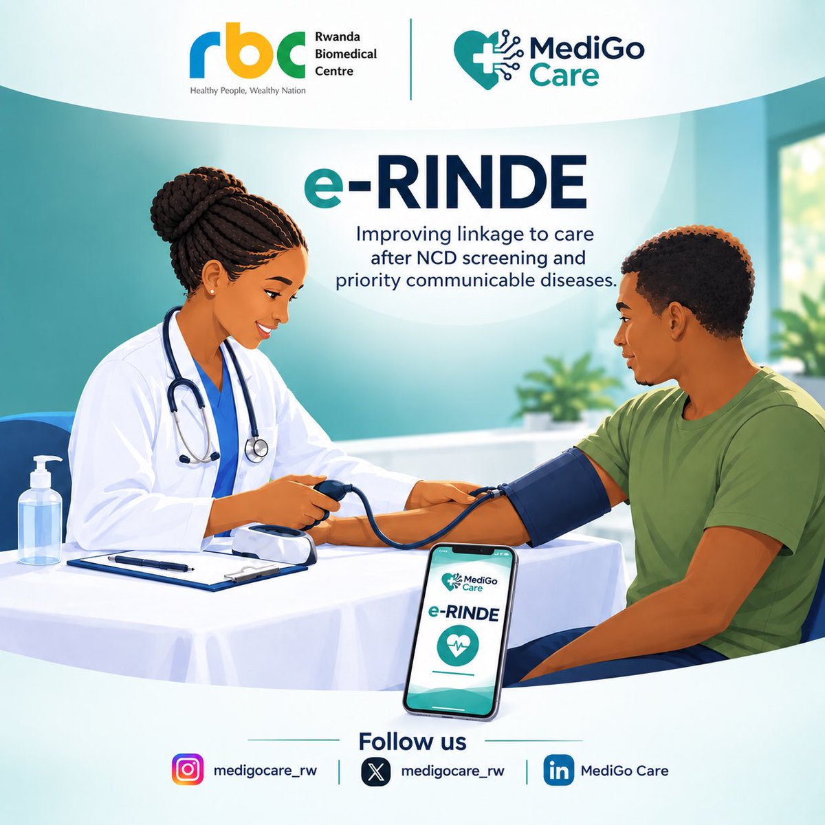 medigocare_rw's tweet photo. Pleased to announce the collaboration between MediGo Care and @RBCRwanda on e-RINDE, a digital tool improving linkage to care after screening for NCDs and priority communicable diseases.

A step toward harnessing technology to strengthen care for underserved communities. https://t.co/wWyvemNaBU