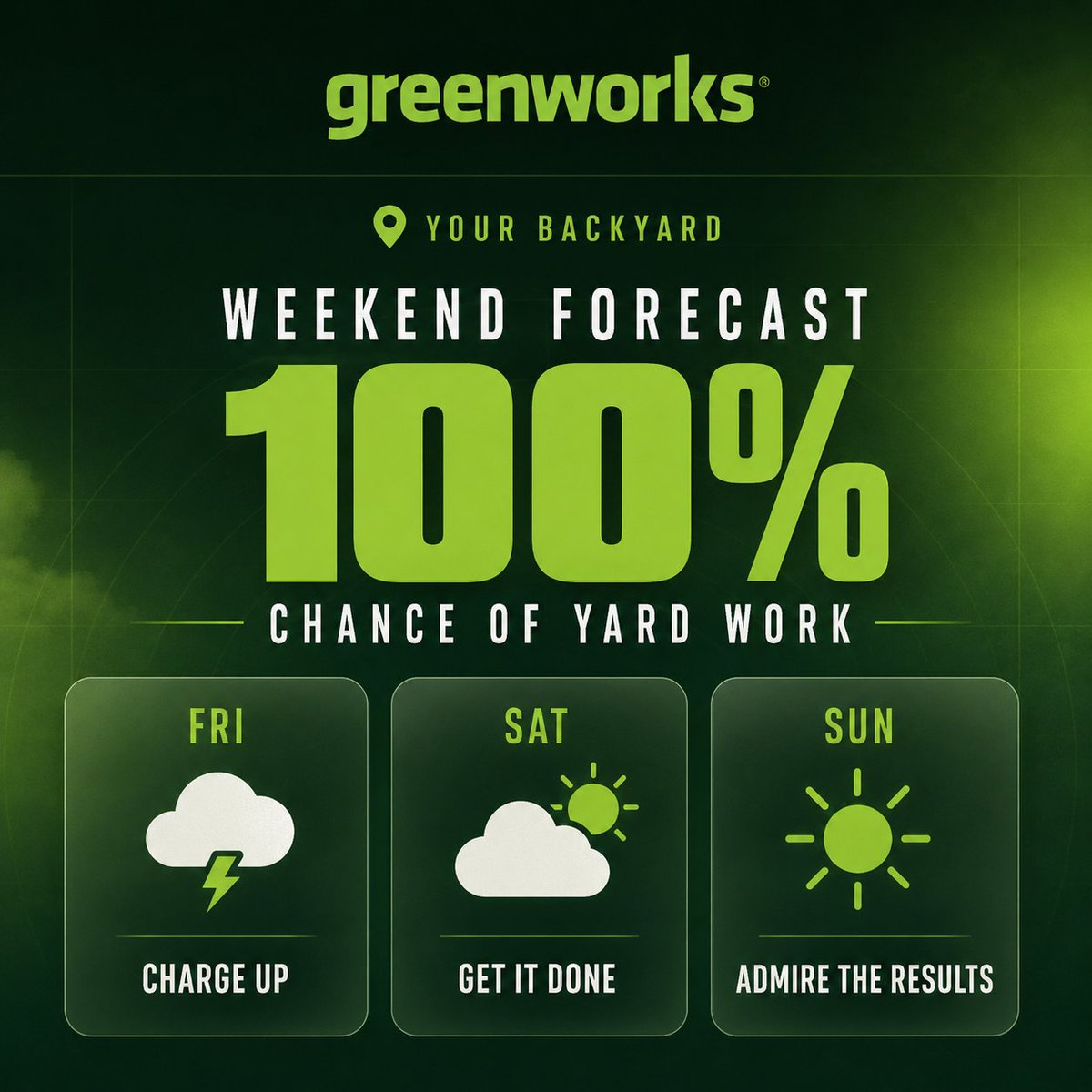 gwtoolscanada's tweet photo. This weekend’s forecast: a 100% chance of yard work! 💚⚡️
🔋 Friday: Charge up
🌤️ Saturday: Get it done
☀️ Sunday: Sit back and admire the results
What’s on your outdoor to-do list this weekend?
#GreenworksTools #WeekendForecast #YardWork #WeekendProjects #LawnCare #BatteryPowered #GetItDone