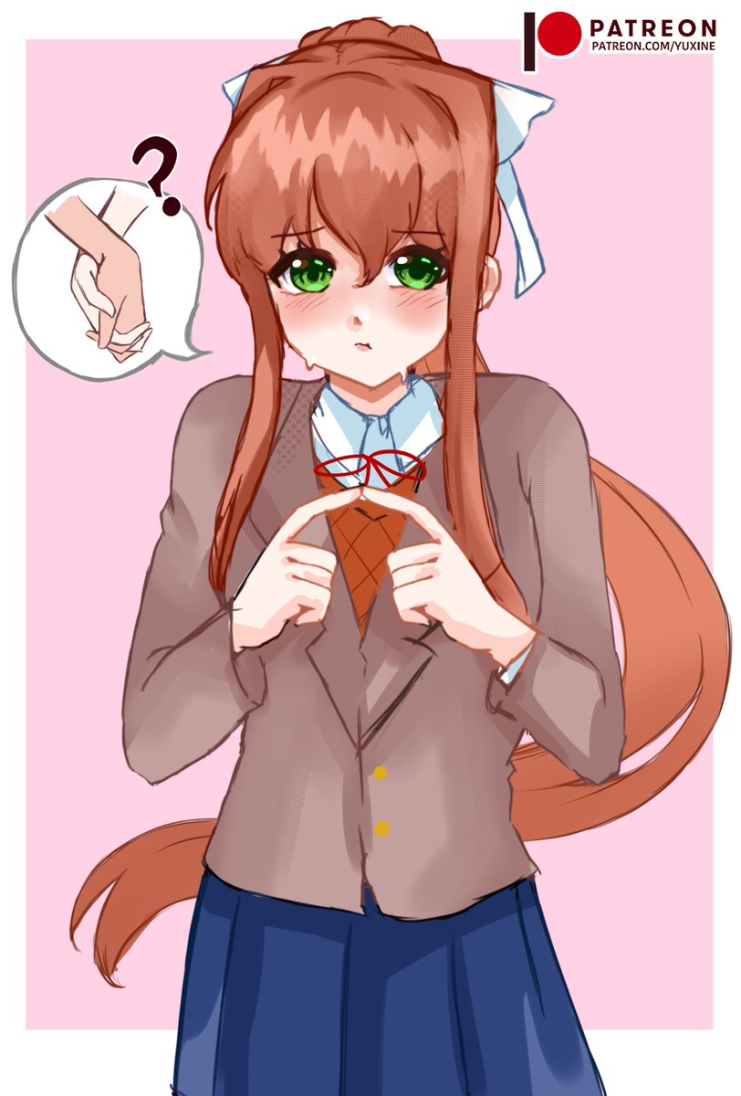 Yuuxine's tweet photo. Oh... Pre-marital handholding? How bold of you, Monika. https://t.co/qfhSlz8gxS