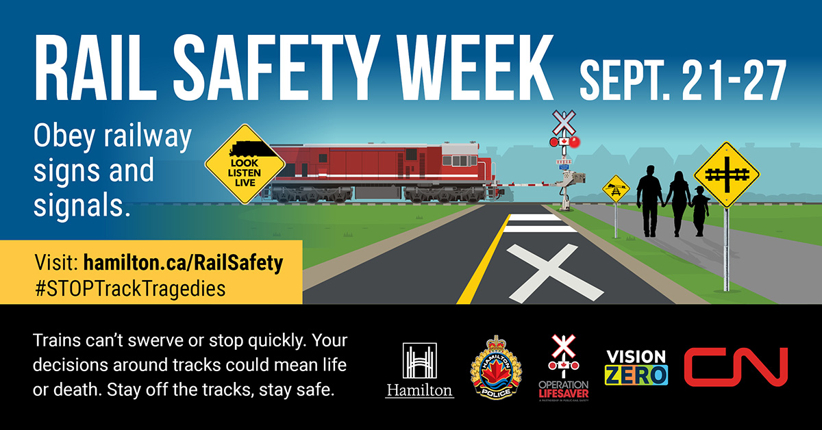 cityofhamilton's tweet photo. Rail Safety Week Reminder: Trains can come at any time, from either direction. Stop, look, listen and always proceed with caution when travelling across railway tracks. Never use railway tracks as a path — it’s illegal and dangerous. Learn more: https://t.co/dLwuI4HCls https://t.co/UUT0t3RBW6