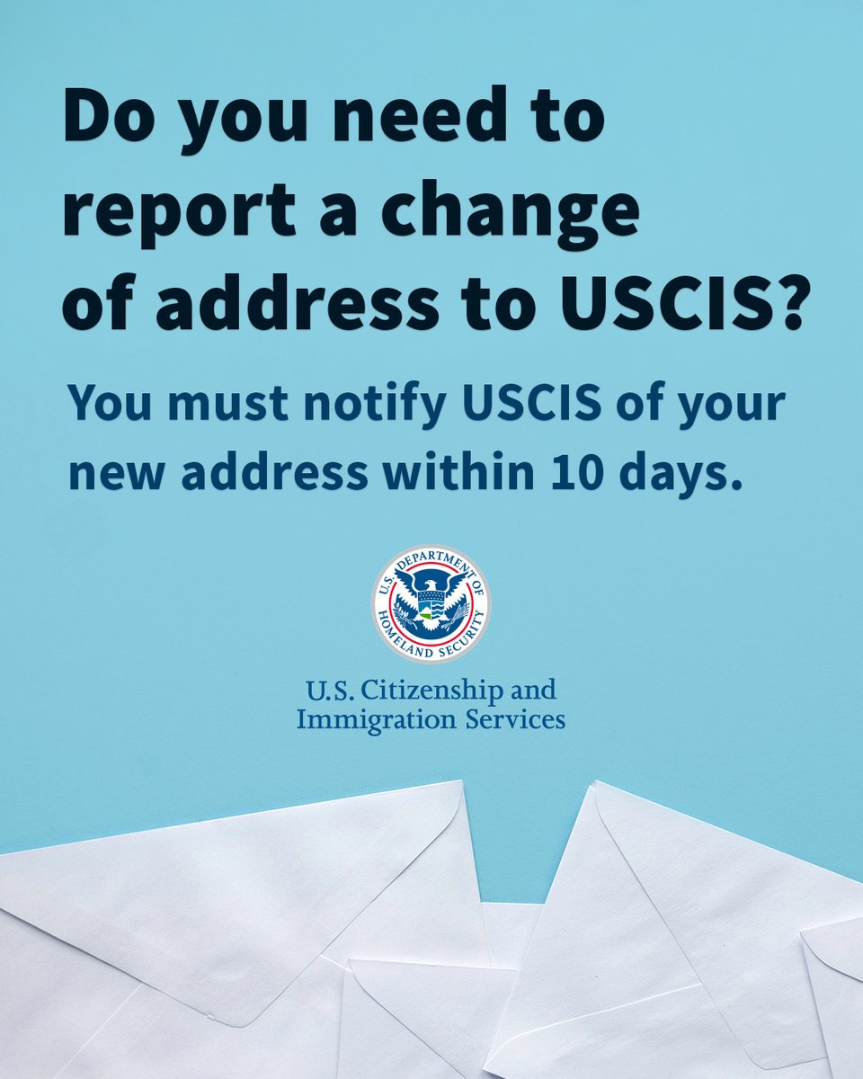 USCIS's tweet photo. Changing your address with USPS does not update your address with USCIS, and USPS will not forward USCIS mail. You are responsible for keeping your address current with both USCIS and USPS.

If you do not update your address with USCIS, you may miss notices, your case may be delayed, and you may not receive your immigration documents.
Submit your change of address: https://t.co/594DEwciBg