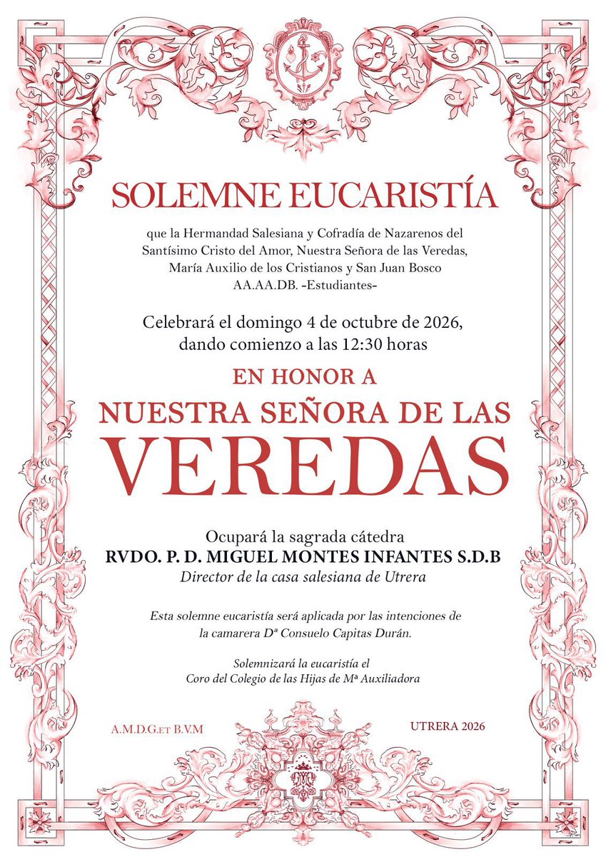 HdadSalesianos's tweet photo. CULTOS | Solemne eucaristía en honor a Ntra. Sra. de las Veredas
📅Domingo, 4 de octubre
🕛12:30 horas
📍Capilla de Ntra. Sra. del Carmen
#Utrera #EstudiantesUtrera
https://t.co/2qERp5CmAL https://t.co/xHq2IrLGeA