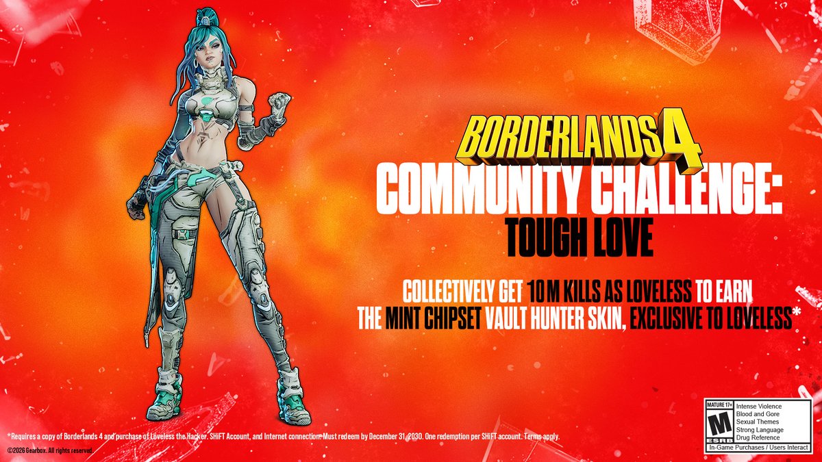 Borderlands's tweet photo. There's no escaping Loveless in this Community Challenge!

From September 25 to 28, collectively get 10,000,000 kills while playing as Loveless and we'll drop a SHiFT code for her "Mint Chipset" skin. https://t.co/0nrf2GFFqR