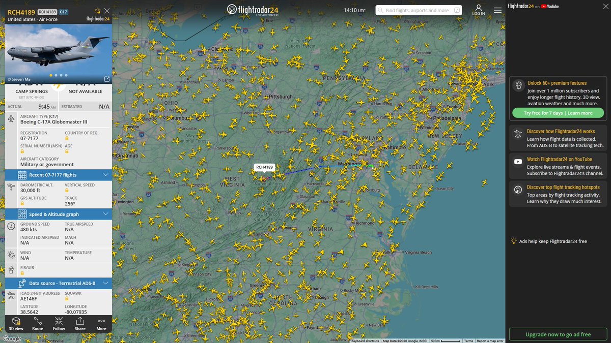 AIYeyENGDdJkjTr's tweet photo. Sept. 26, 2026
#Joint Base Andrews #McGhee Tyson, TN ==> #Joint Base Charleston
#RCH4189 #AE146F USAF C-17A Globemaster III https://t.co/aiJNYqo2yL