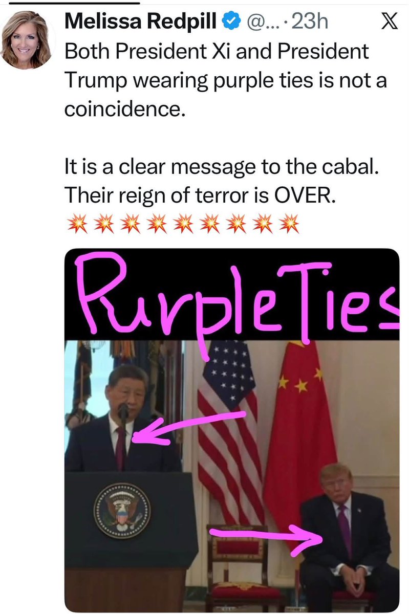 PaulGoldEagle's tweet photo. 🤯I DON’T THINK ANYONE REALIZES WHAT JUST HAPPENED LAST NIGHT!🤯 YUGE YUGE YUGE!!!!  😳 

🟣 Here’s the meaning behind World Leaders wearing PURPLE! 🟣

Japan, Korea, and China Wore Purple 
🗣️ In Acknowledgment of God’s New Order ✝️

This week South Korea’s president and First Lady, and Japan’s prime minister arrived in America wearing 💟 purple. Today, China’s president Xi is wearing purple along with President Trump at the White House. 

The nations of the world understand the symbolism of purple 🟪 and its importance, especially within the old order.

Purple is the marriage of red and blue. 🔴➕🔵🟰🟣

Red 🟥 represents blood,🩸 war, ⚔️ sacrifice, and the earthly throne - what is of man.

Blue 🟦 represents what is above: sky, the firmament, 🌈 God’s jurisdiction, and His governance, law, and order - what is of God. ☀️🌓✨

Purple 🟪 brings these two realms together. Historically, it has been worn by emperors, royalty, 👑 and the Church ⛪️ to represent authority over the earthly realm while claiming heavenly authority. It became the color associated with the joining of what we would refer to as "church and state.” 

Japan and Korea arriving on American 🇺🇸 soil in purple, 💜 therefore carries a clear symbolic message: ➡️ the governing powers of these nations are acknowledging the new order God has established through Trump, as the interim King 👑 of that order. ⬅️

Chinese President Xi arrived in America as a sovereign guest. His later appearance in purple 🟣 alongside Trump represents solidarity with the newly appointed King of the new order. 
‼️China, which was positioned to become the new world power ((NWO ☠️)) within the old order, is now aligning with God’s new order.‼️ 🙏🏼

Tonight, the technology and banking powers are joining President Trump and President Xi at the White House State Dinner. Their presence at the table with the interim King, and the major power of the old order now aligning with God’s ✝️ new order, shows the 💲💲monetary power structures of the old order being brought under God’s new jurisdiction.💲💲 HELLOOOOOOOO🔥

With those monetary 💰 power structures submitting to God’s order, ➡️the old debt-based system can now be retired and replaced, transitioning these same powers into the 
operators of the new asset-backed monetary system. ⬅️ 😎🙌🏼🙌🏼🙌🏼🙌🏼
BOOM 💥 BOOM 💥BOOM 💥BOOM 💥

MelissaRedPill/LJACO